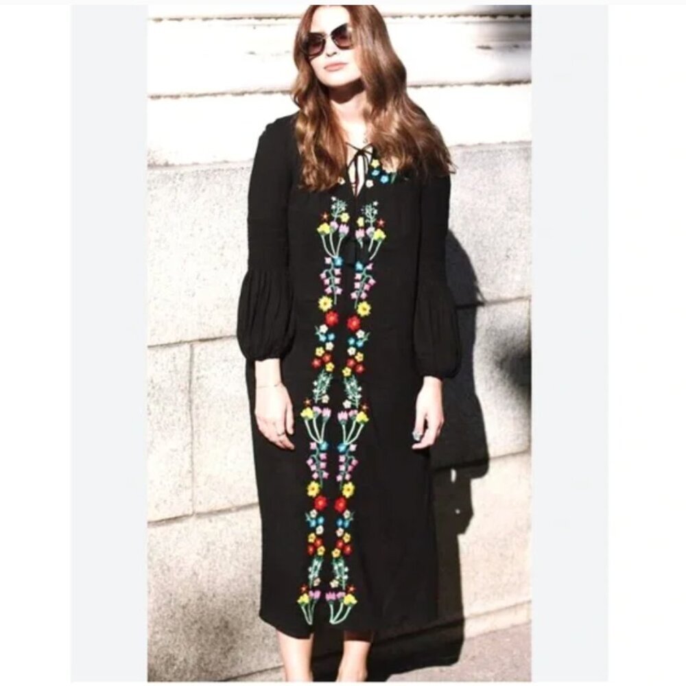 Neiman Marcus Sheer Embroidered Dress Midi Black Oversize Shift Women Large